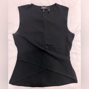 Theory Black Stretch Heavy Cotton Sleeveless Top w/ Layered Fabric Wrap/Overlap